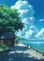 996[A2サイズ]夏の入道雲と海辺の道 アニメ風 アートポスター