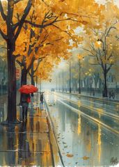 雨の日の夕暮れ時 パステル画 世界観アート ｜原画 癒しアート/雨
