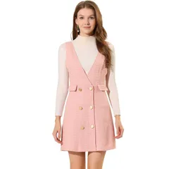 アレグラ ケー レディース ボトムスカート Vネック ハイウエスト オーバーオール ツイード ALLEGRA K Womens Button V Neck Plaid Tweed High Waist Office Overall Dress Pink ピンク