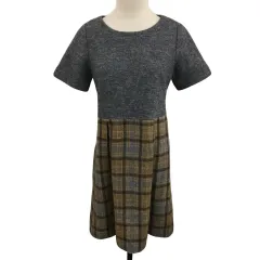 クリスモンテス Chrismontez ワンピース フレア ミニ 切替 ウール 無地 チェック 半袖 1 グレー 茶 ブラウン