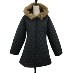 プーマ PUMA コート 中綿 キルティング ミドル ジップアップ フード フェイクファー 刺繍 ロゴ 長袖 L 黒 ブラック