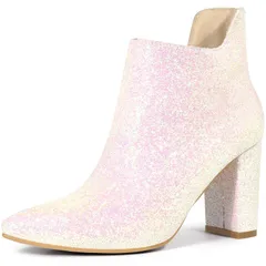 アレグラ ケー レディース シューズ ブーツ・レインブーツ カットアウト アンクル ヒール ALLEGRA K Womens Glitter Pointed Toe Cutout Block Heel Ankle Booties Light Pink ピンク