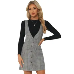 アレグラ ケー レディース トップス ワンピース オーバーオール ALLEGRA K Womens Overall Suspender Check Houndstooth Pinafore Dress Black ブラック
