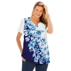 ウーマン ウィズイン レディース トップス Tシャツ プラスサイズ Woman Within Plusize 7Day NotchNeck Tunic Navy Diagonal Floral ネイビー