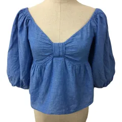 ザラ ZARA ブラウス カットソー プルオーバー Vネック クロップド リネン混 七分袖 USA S 青 水色 ブルー ライトブルー