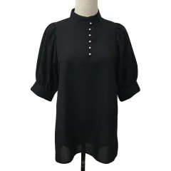 テチチ Te chichi シャツ ブラウス プルオーバー スタンドカラー ハーフボタン パール 無地 五分袖 フリー 黒 ブラック