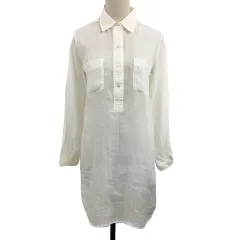 セオリー Theory シャツワンピース Iライン ミニ シアー 透け感 リネン 無地 長袖 S 白 ベージュ ホワイト