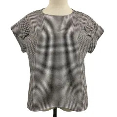 ドレスキップ DRESKIP ブラウス カットソー プルオーバー ラウンドネック タック チェック 半袖 L 茶 白 ブラウン ホワイト