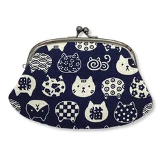【新品】 京佑 日本製 綿 がま口 財布 小銭入れ 約10.5×17×1.5cm 猫 ねこ コインケース 親子がま口 にゃんこもん 紺 和雑貨 0