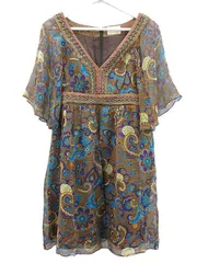 グレースコンチネンタル GRACE CONTINENTAL class チュニック ワンピース 36 ペイズリー柄 ビーズ 刺繍 シルク ブラウン 絹 茶色 半袖 トップス