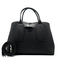 美品 LONGCHAMP ロンシャン ロゾ ハンドバッグ M 2WAY ショルダーバッグ トートバッグ カウハイドレザー 本革 ブラック 黒 シルバー金具 バンブー  ビジネス  自立 レディース フォーマル 冠婚葬祭 肩掛け 斜め掛け