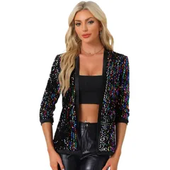 アレグラ ケー レディース アウター ジャケット・ブルゾン ベルベット スパンコール カーディガン ALLEGRA K Womenshiny Sequin Open Front Collarless 34 Sleevelvet Cardigan Rainbow