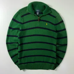 Polo ポロ ラルフローレン 刺繍 コットン グリーン ストライプ ハーフジップ ニット