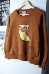 W(M) ラッキーシュエトゥ スウェット Tシャツ フクロウ セミクロップド 起毛 ブラウン-17512