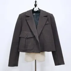ZARA ザラ CHECKERED PATTERN BROWN CROPPED BLAZER