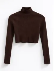 H&M ブラウン ゴージ クロップド ハイネック ニット