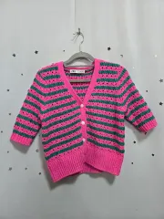 ザラ ピンク/グリーン ストライプ ニット カーディガン M