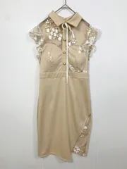 美品 DAZZY store フラワーチュール フリル袖 襟付き リボン タイト ドレス ミニ ワンピース sizeL/ベージュ ■■ レディース