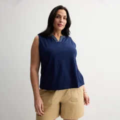 クロフト＆バロー レディース トップス Tシャツ プラスサイズ 刺繍 Plusize Croft Barrow Embroideredge Tank Top Seattle Navy ネイビー