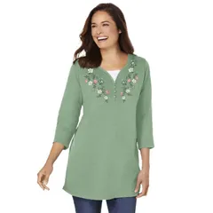 ウーマン ウィズイン レディース トップス Tシャツ プラスサイズ 刺繍 Woman Within Womens Plusize 7Day LayeredLook Embroidered Henley Tunic Sage Flower Embroidery