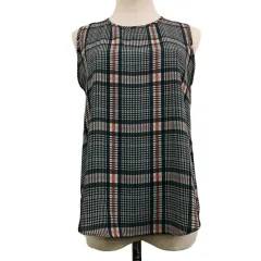 セオリー Theory ブラウス シャツ プルオーバー ラウンドネック チェック 透け感 ノースリーブ S グレー 赤 レッド