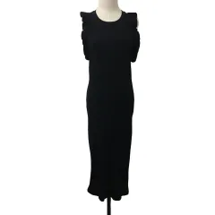 ザラ ZARA ワンピース Iライン ロング リブ フリル 無地 ノースリーブ USA L 黒 ブラック