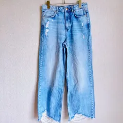 美品⭐️  ザラ ZARA ダメージ加工 ジーンズ デニム ボトムス ブリーチ クラッシュ ボロ ブランドパッチ ロゴ ライトブルー Y2K ワイド ストレート 韓国ファッション グランジ