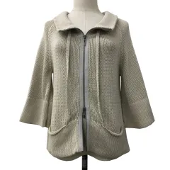 セオリー Theory ジャケット ブルゾン ニット ハイネック ダブルジップ 無地 リネン 七分袖 2 ベージュ