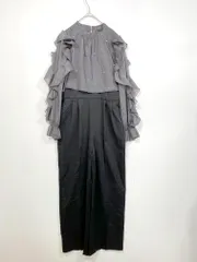 新品 BONLECILL noir ボンルシールノワール パール付きラッフルショルダー異素材ドッキングオールインワンパンツドレス sizeM-L/ブラック ■■レディース