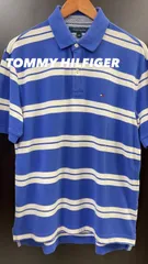 TOMMY HILFIGER トミーヒルフィガー 半袖 ポロシャツ 青 ストライプ メンズL ブランドロゴ 古着 中古 3U0045