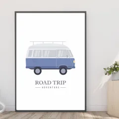 アートポスター【ROAD TRIP（ブルー）ワーゲンバス】【はがき】サーフィン 西海岸 南国 トロピカル ハワイ 夏 海 インテリア ウォールアート