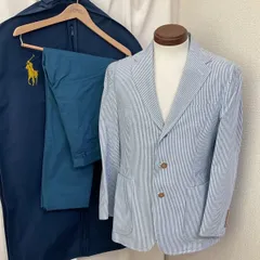 【ネーム入り 上下サイズ別】ポロ ラルフローレン POLO RALPH LAUREN コットンシアサッカー　テーラードジャケット ブレザー パンツ セットアップ 2点セット ストライプ柄 水色 ライトブルー