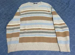 OLZEN ラムウール100% ストライプ バイカラー ラウンドネック ニット (105)