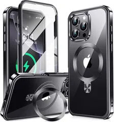 【360°全面保護・スタンド・Magsafe対応】KELLCASE iPhone 16 Pro 用 ケース 両面 隠しスタンド・CDリング 横縦両立 ワイヤレス充電 いphone16 pro カバー 黄変防止透明PC背面 メッキバンパー 米軍MIL規格耐