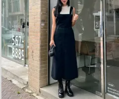 ミミステッキ オーバーオール デニム スカート ONE PIECE - ブラックデニム S