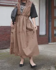 Side Ribbon Flare Long Jumper Skirt (brown)のサムネイル