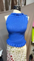 ブルー ニット ホルターネック トップス