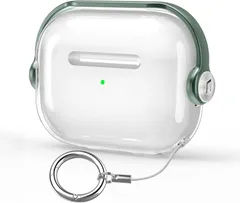 AirPods Pro 第3世代 ケース 2025年発売 エアポッズプロ3 カバー TPU クリア 透明 黄変防止 ロック付き LEDインジケーター可視 耐衝撃 落下防止 カラビナ付き 携帯便利 スタンド機能 ワイヤレス充電対応 軽量 薄型 (透明+グーリン)
