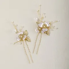 【数量限定】卒業式 入学式 発表会 二次会 パーティー 披露宴 結婚式 ウェディング 和装用髪飾り 手作り ヘアアクセサリー ヘアアクセサリー 花嫁 2点セット パールUピン 和風 花モチーフ 木の葉 ゴールド ヘッドドレス 髪飾り