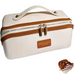 【特価】携帯用メイクポーチ 大容量 女性用 PU 韓国のポータブル化粧ポーチ レザー メイクアップ 女の子用旅行用トイレタリーバッグ 大きな開口部を備えたダブルメタルジッパー ハンドル付き仕切り付き (バイカラー ホワイト)
