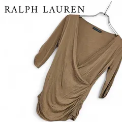 RALPH LAUREN ラルフローレン ベージュブラウン カットソー カシュクール 七分袖 ギャザー レーヨン 絹 シルク 混 上質素材 レディース Mサイズ相当 エレガント 372KJ