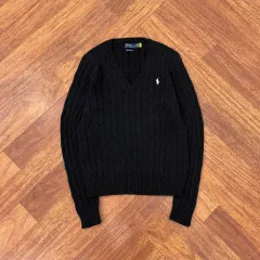 レディース L ポロ ラルフローレン ピマコットン Vネック ケーブル ブラック ニット
