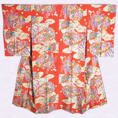 7.2【アンティーク】子供用 長襦袢 正絹 ピンク 立涌 地紋 刺繍半衿 