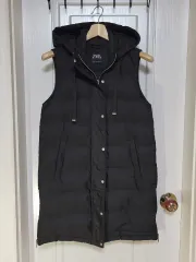 ZARA フード ロング ダウン ベスト ブラック