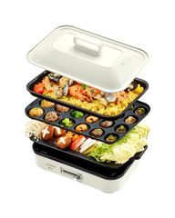 SOLEMOOD 迷你電熱盤 多功能烤盤 可拆卸烤盤 附溫度調節功能 易於清洗 時尚可愛 1000W高功率 可選烤盤 1~4人份 小型 適合單身人士 (白色, 3種烤盤(平面、章魚燒、火鍋) 7c49ab24