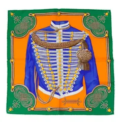 【Sランク】 エルメス HERMES スカーフ カレ 45 ガヴロッシュ プチカレ シルク 100% BRANDEBOURGS ブランデンブルク飾り ミニスカーフ 馬 レディース メンズ エメラルド オレンジ ブルー 正規品 新品同様 中古 mbw05007