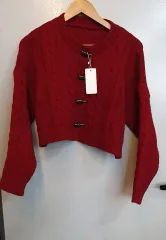 ケーブル編みニット クロップドカーディガン ワイン色