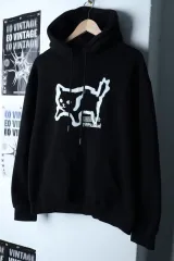 (L-XL) スタンダード フード付きTシャツ 猫 ブラック 起毛 Kitsch-174AB