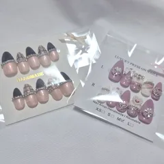 ガーリー フレンチネイル ネイルチップ 2点セット パープル ブラック ビジュー ハート リボン 可愛い 春ネイル デート 推し活 お出かけ ライブ