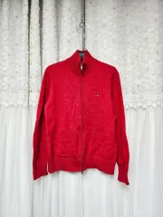 トミーヒルフィガー レッド ニット ジップアップ カーディガン (ユニセックス)